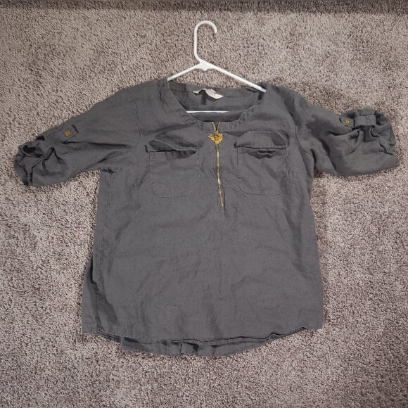 Ellen Tracy Linen Pullover Womens Large Gray 1/4 Zip Roll Tab Pockets Blouse - Picture 1 of 16
